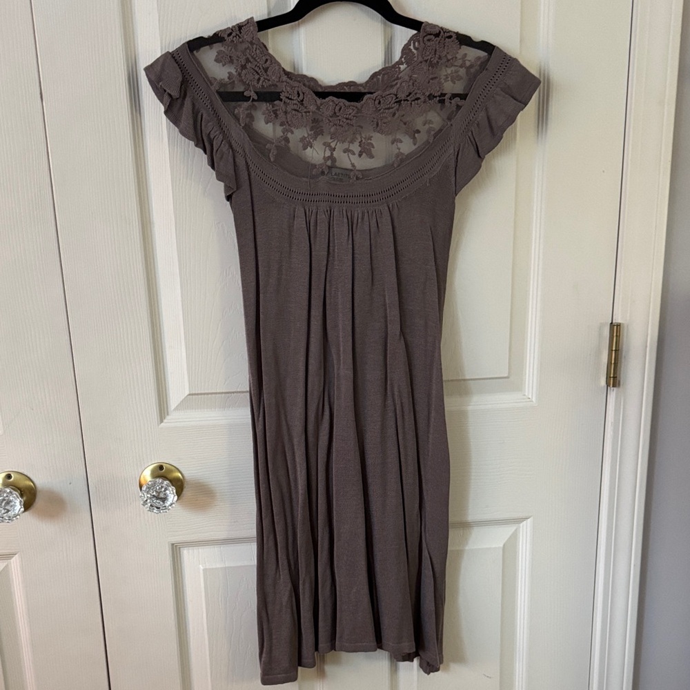 Lace Trimmed Off-Shoulder Taupe Sweater Dress